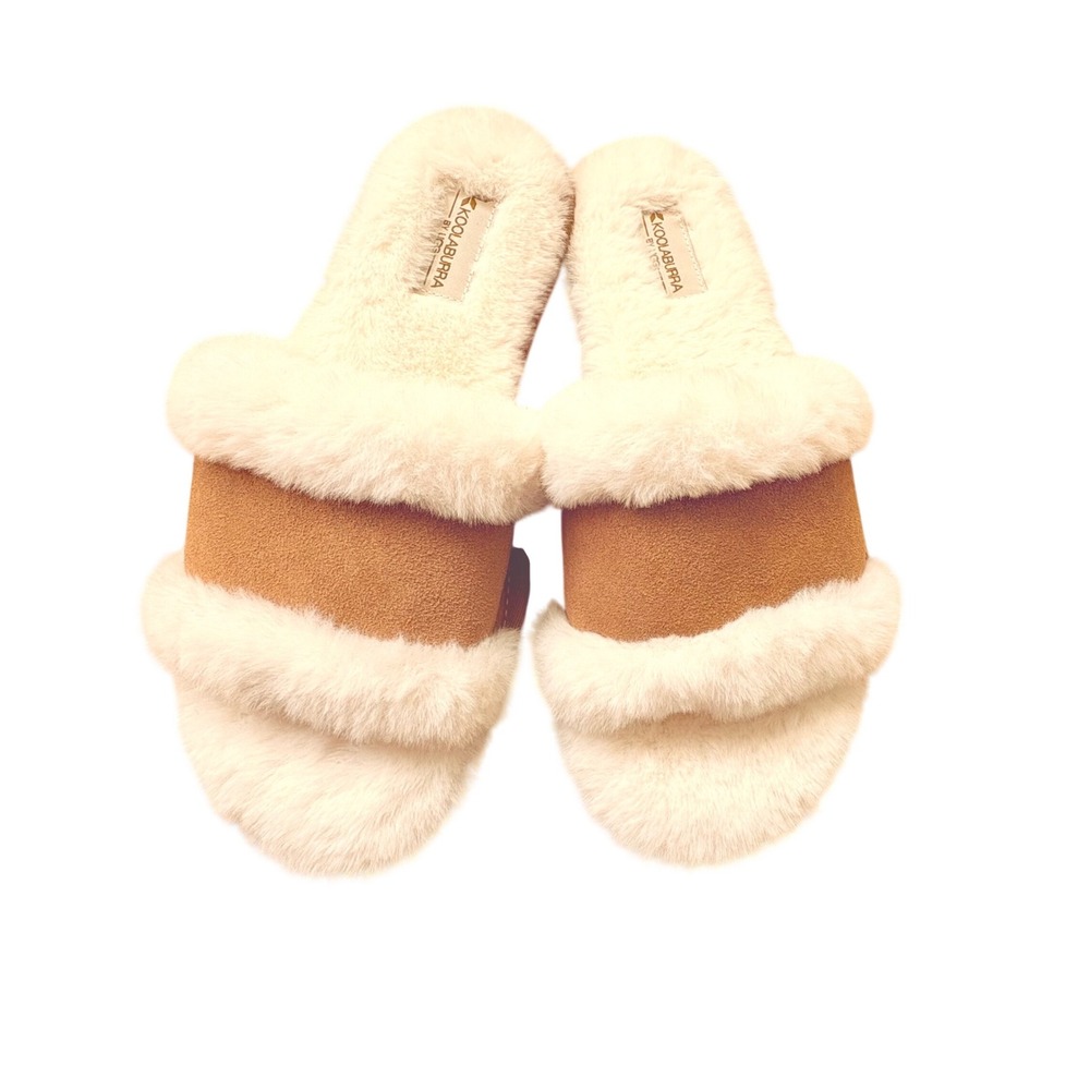 NWOT Koolaburra by UGG Fuzz-ee Chestnut Faux Fur Slide Slippers Lounge Cozy Wom8